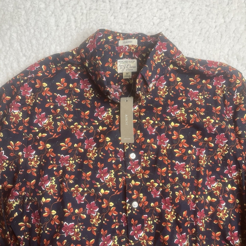 J Crew Shirt Mens XL Orange Blue Floral Slim Untucked Secret Wash Organic Cotton